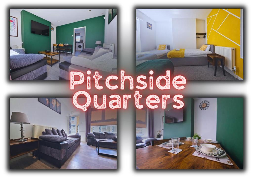a collage of photos of a living room and a bedroom at Pitchside Quarters Near Anfield sleeps 7 in Liverpool