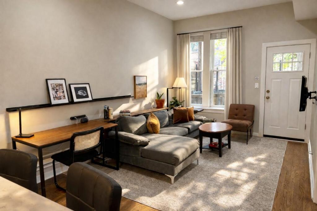 a living room with a couch and a table at Flexhome West Town - Spacious 2BR Duplex - Sleeps 8 in Chicago