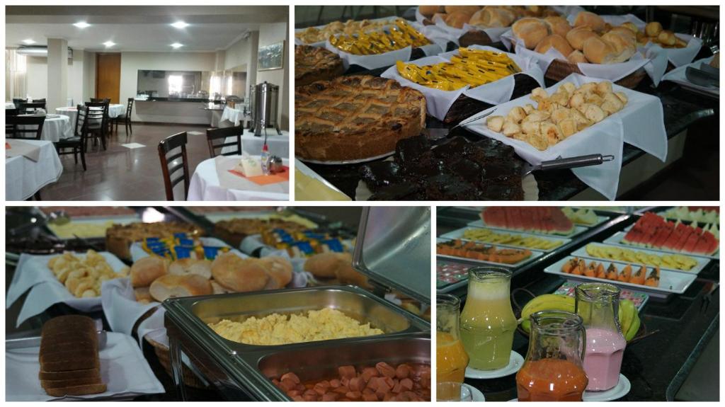uma colagem de fotos de um buffet com comida em Hotel Monte Libano em Paranaguá
