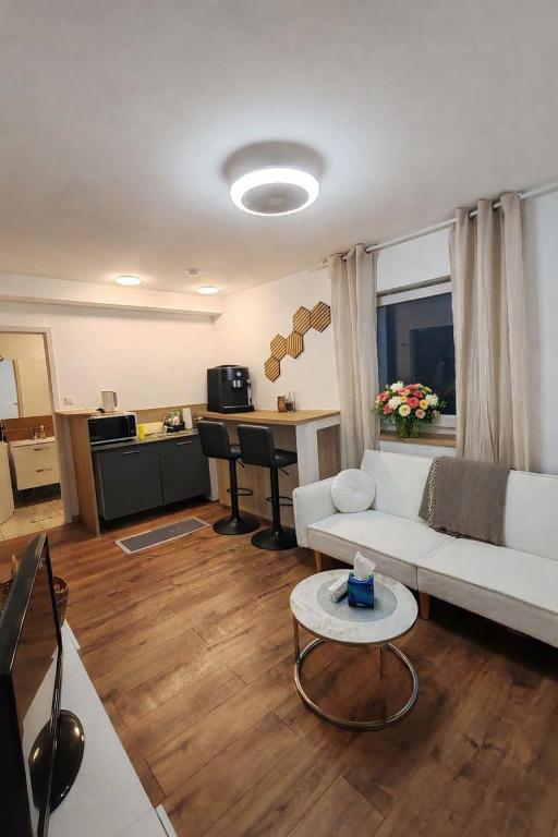 a living room with a white couch and a table at Basel Access Apart - Habsheim in Habsheim