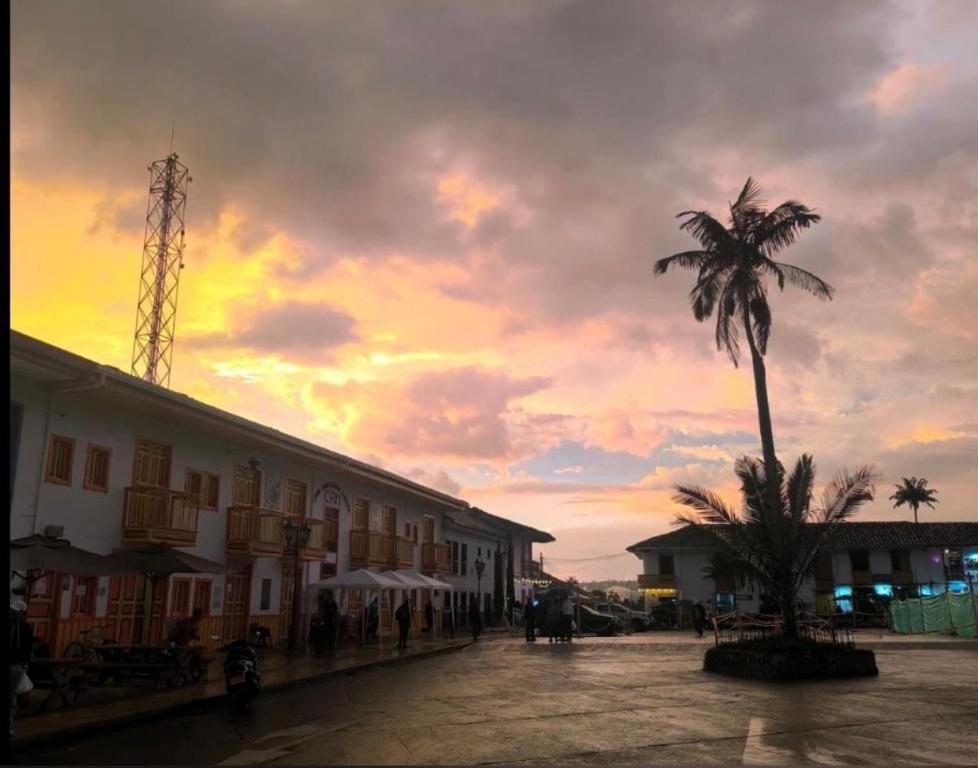 a palm tree in front of a building with a sunset at Vista primavera in Salento
