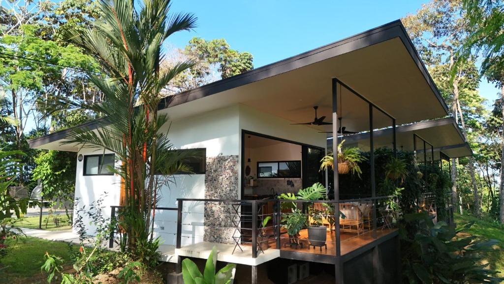 a modern house with a palm tree at River Lodge - a Luxurious Hideway in the Jungle in Uvita