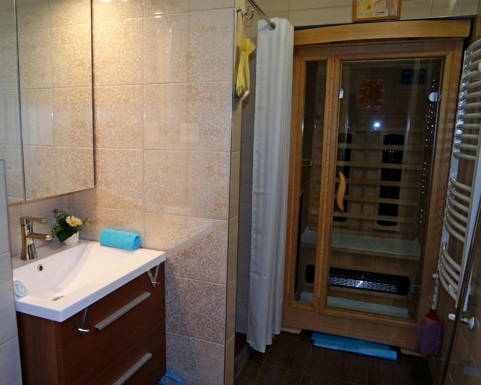 a bathroom with a sink and a shower at Belvárosi Studio Apartman in Győr