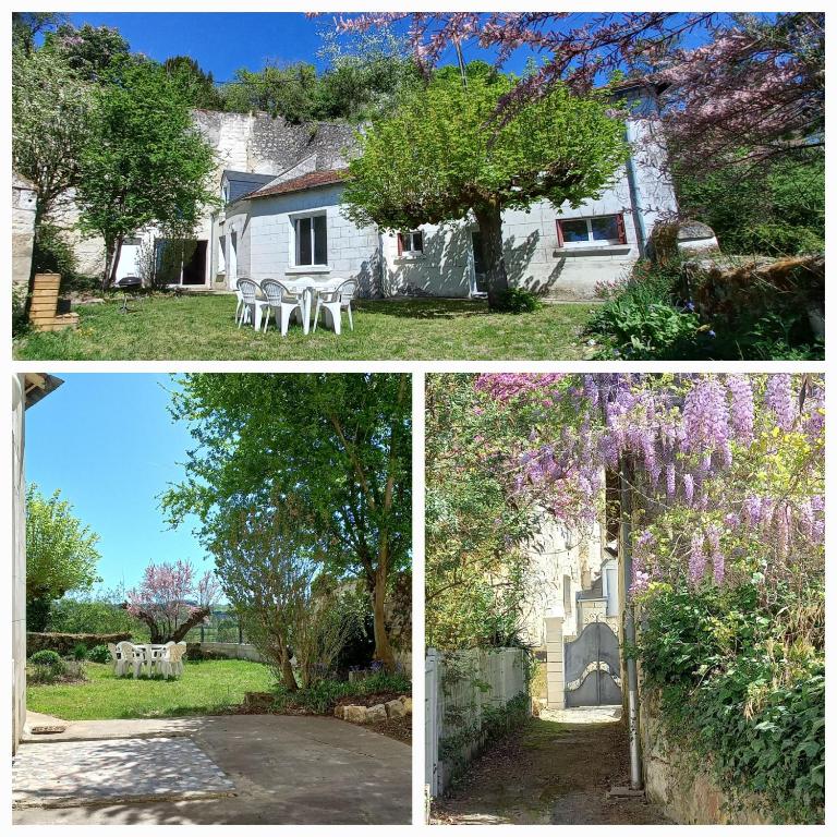 three different pictures of a house and a garden at La troglo aux oiseaux in Montrichard
