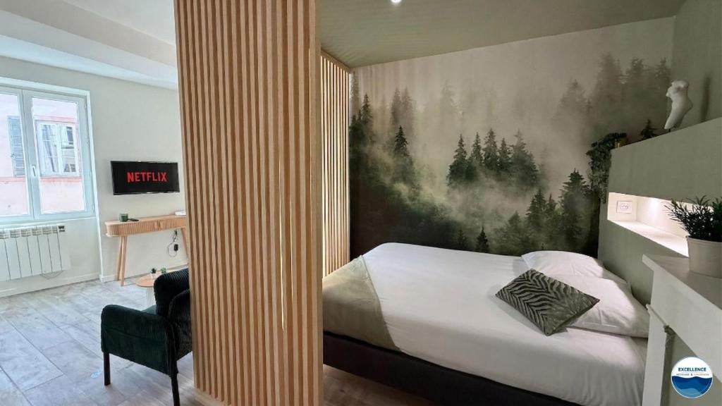 a bedroom with a bed with a painting on the wall at La Suite Vegetale Studio Prestige Hyper Centre in Mâcon