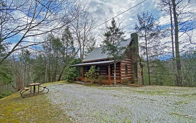 a log cabin with a picnic table in front of it at Trails End- Your Romantic Getaway Awaits! in Sevierville