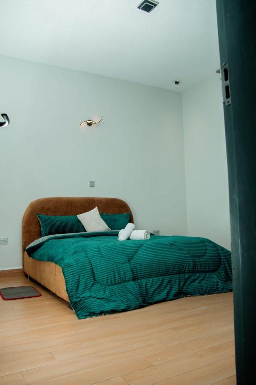 a bedroom with a bed with a green blanket at Ham Homes in Kampala