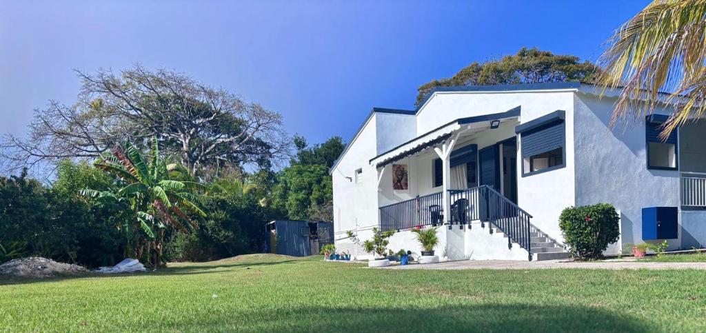 a white house with a palm tree in front of it at Eco-Nature Studio in Petit-Canal