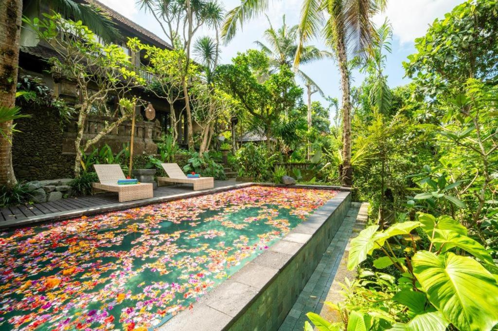 a swimming pool in the middle of a garden at Akamana Villa Ubud in Ubud