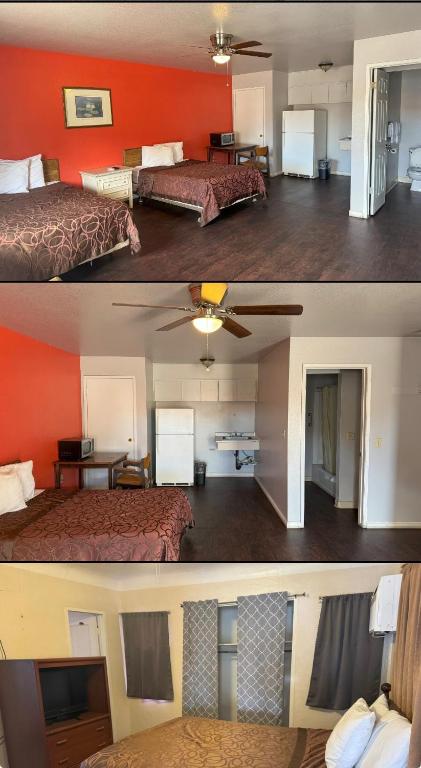 two pictures of a hotel room with two beds at The Coalinga Motel in Coalinga