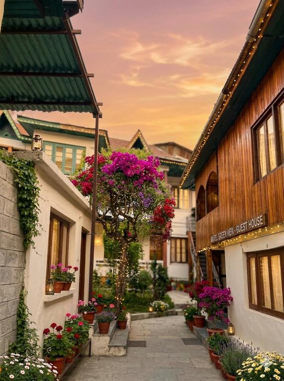 a courtyard of a building with flowers and plants at Hotel New Green View a part in Srinagar