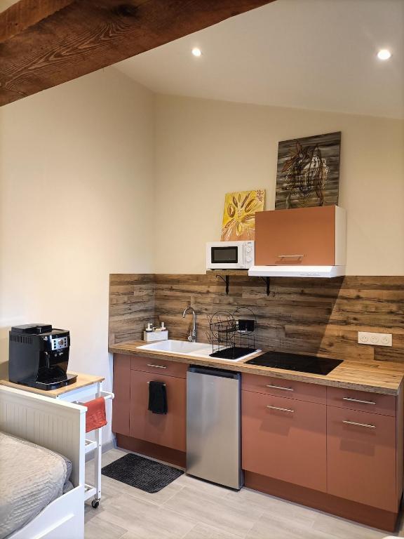 a kitchen with a sink and a stove top oven at Maisonnette étape équestre in Nogent-lʼArtaud