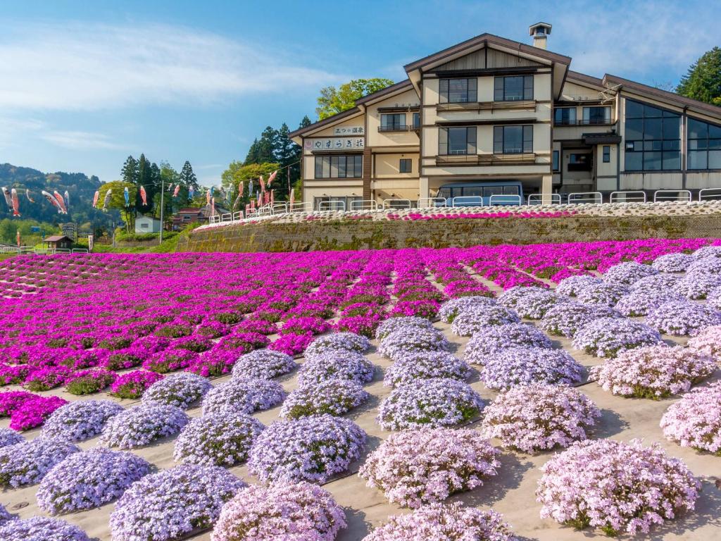 a field of purple and pink flowers in front of a building at Eshin no Sato Yasuragisou in Joetsu