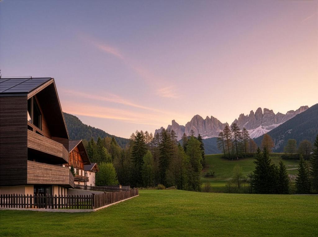 a house in a field with mountains in the background at Trutscher Häusl in Villnöss - Chalet in den Dolomiten mit Blick auf die Geisler in Funes