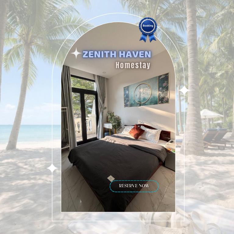 a room with a bed in the middle of the beach at Zenith Haven - Boutique Stay in Phú Quốc