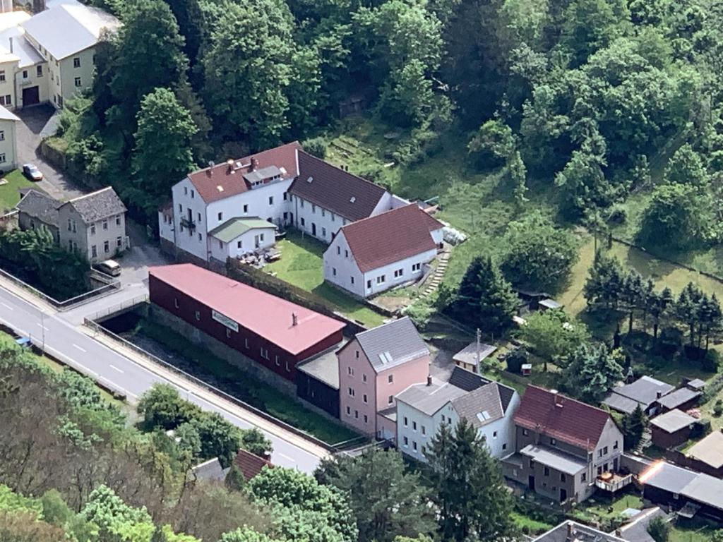 an aerial view of a town with houses and a road at Statesman Suite in Königstein an der Elbe