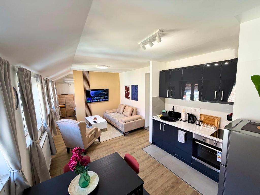eine Küche und ein Wohnzimmer mit Sofa und Tisch in der Unterkunft Soni Trg in Tuzla