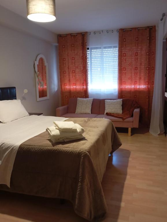 a bedroom with a bed and a couch in it at Apartamento Ons in Bueu