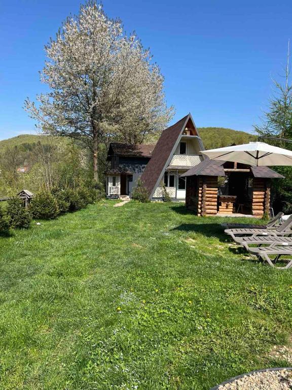 a log cabin with an umbrella in the grass at Gesteruv in Sheshory