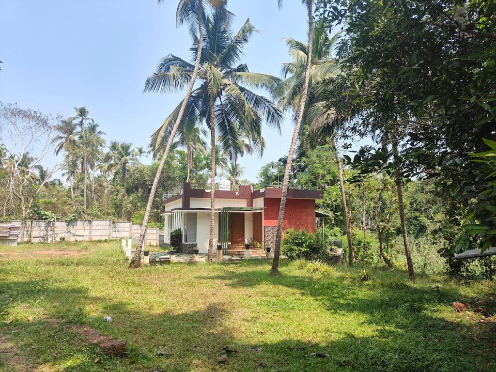 a house in a field with palm trees at The Riverside Nook Calicut in Kozhikode