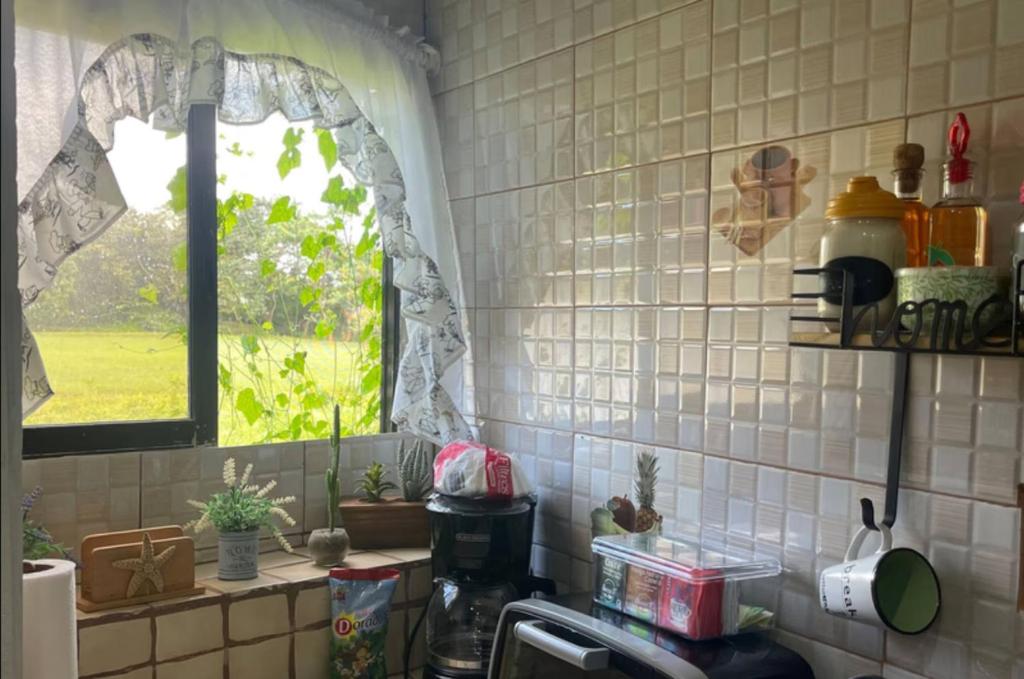 a kitchen with a sink and a window at Hidden House Casa Escondida in Santa Rosa