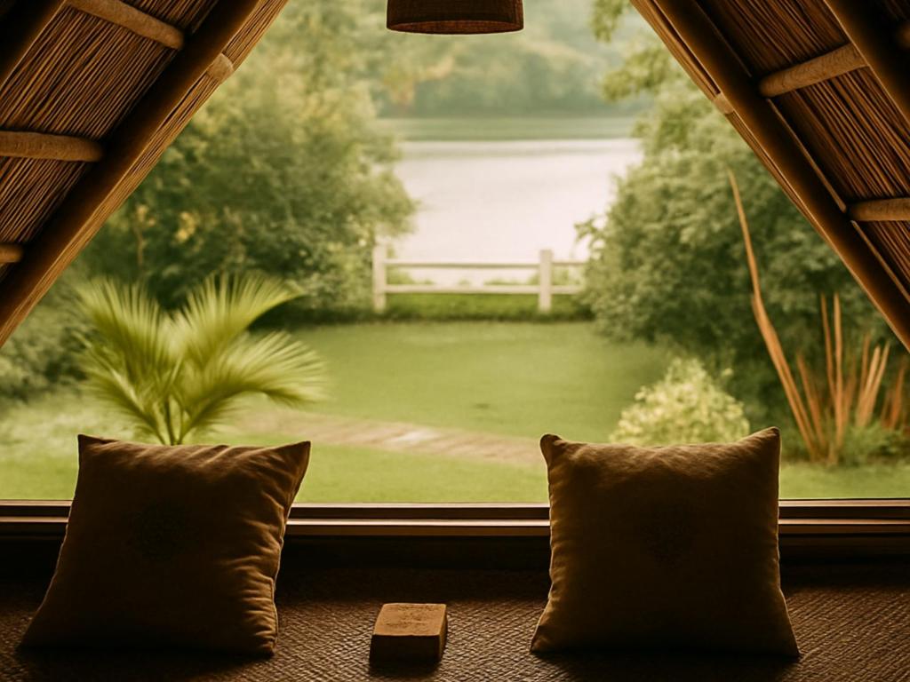 two pillows sitting in front of a window at Lake View Cabana near Tangalle in Tangalle