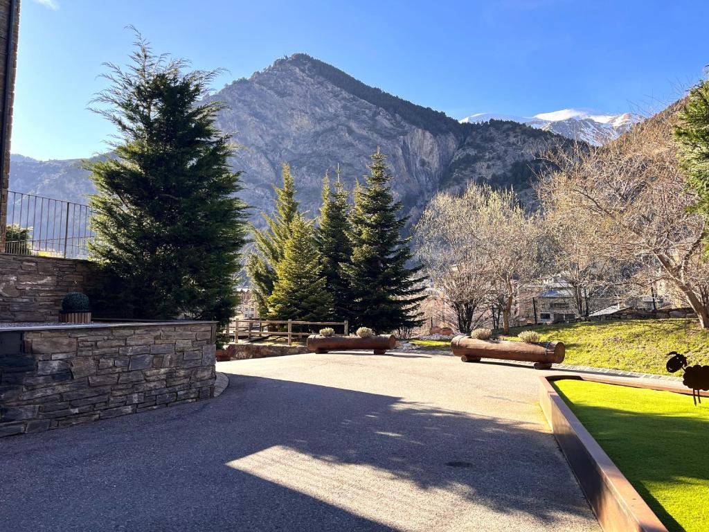 a driveway with trees and mountains in the background at AC Apartaments Saüc Canillo in Canillo