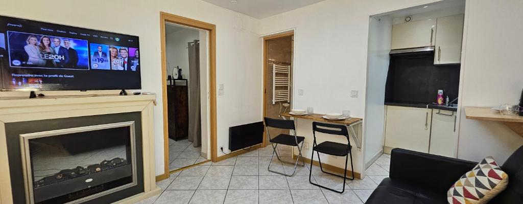 a living room with a fireplace with a flat screen tv at Studio Cozy Paris & Disneyland in Bry-sur-Marne