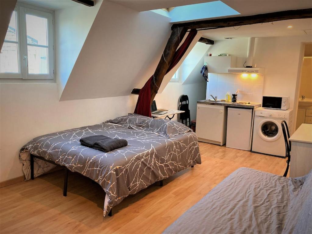 a bedroom with a bed and a kitchen with a washing machine at Studio double dans l'hypercentre de Limoges in Limoges