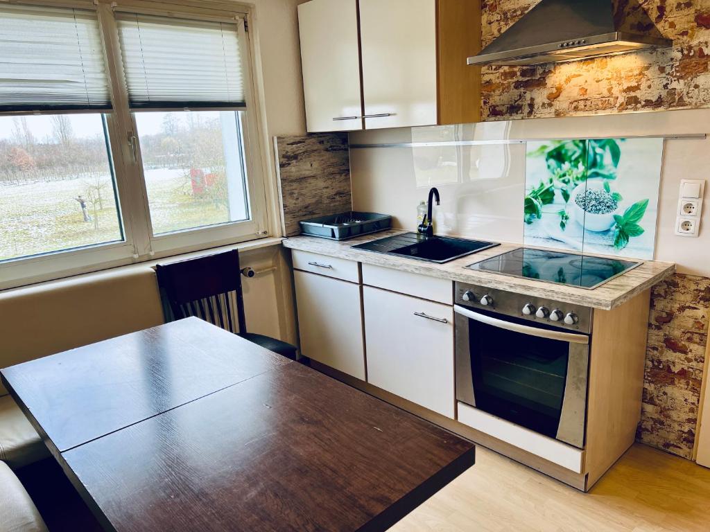 a kitchen with a stove and a sink and a table at Monteur Unterkunft 6 Betten in Karben