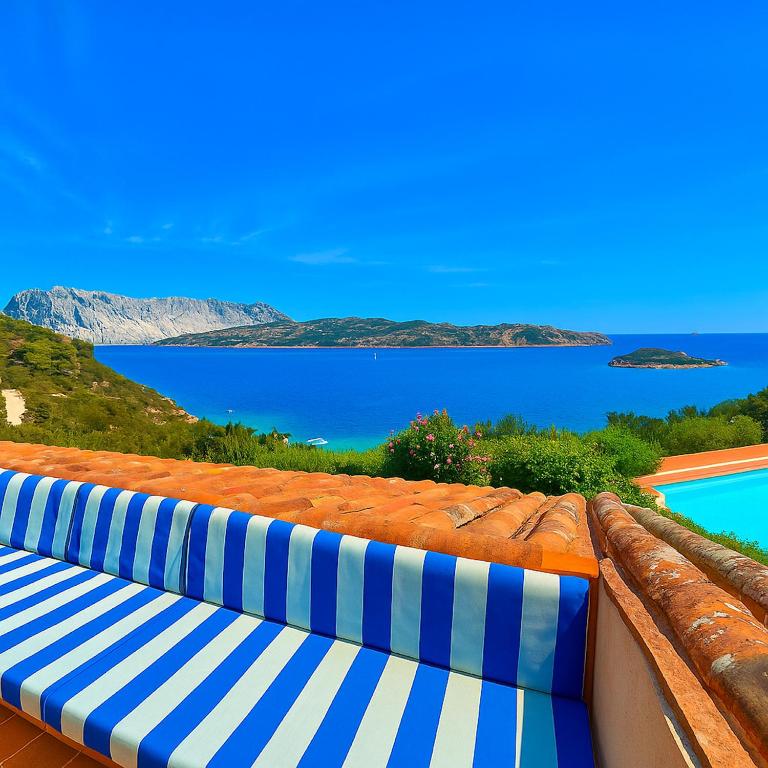 a blue and white bench with a view of the ocean at Punta Est - Mono TRAMONTANA Soppalco & Sea View in Capo Coda Cavallo