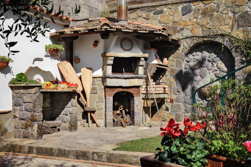 an outdoor pizza oven with a dog sitting inside at GOCCE VILLAS - Il Frantoio in Massa Lubrense
