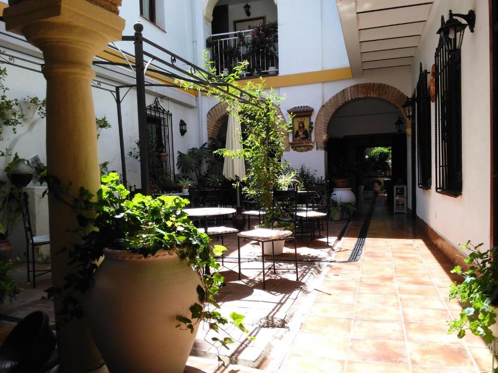 une cour avec des tables et des chaises dans un bâtiment dans l'établissement Casa de los Naranjos, à Cordoue