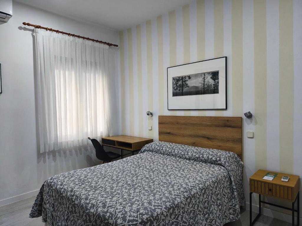 a bedroom with a bed and a desk and a window at Hostal Angelines in Madrid