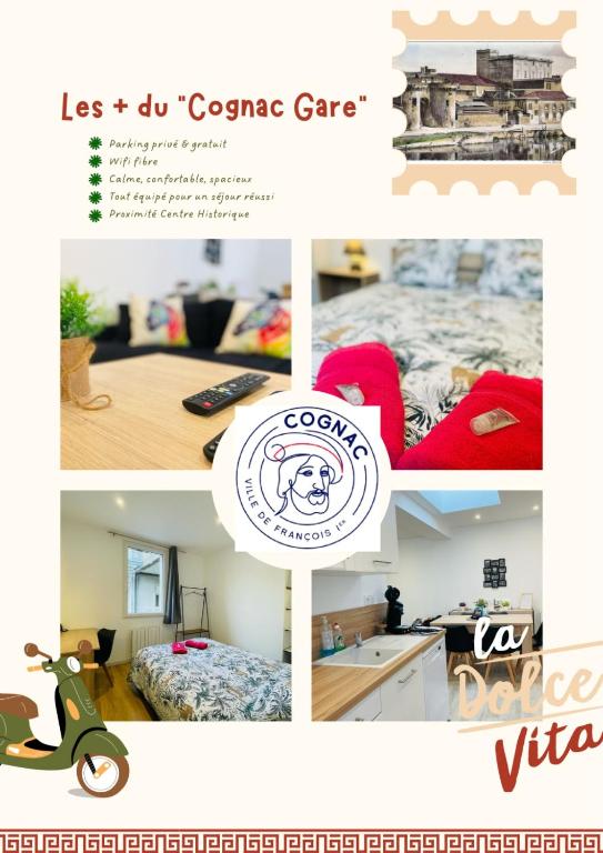 a collage of pictures of a room with a bed and a kitchen at Cognac Gare Classé 3 in Cognac