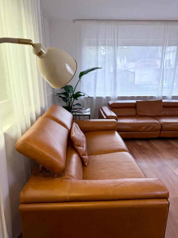 a living room with a brown leather couch and a lamp at Haus 87a Apartment 2 in Oberkirch
