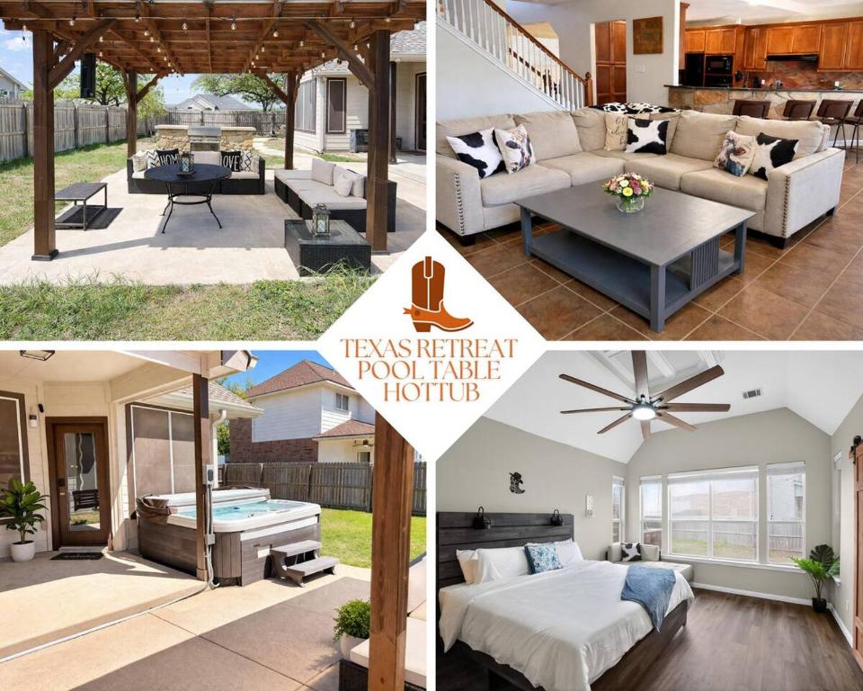 a collage of photos of a house with a patio at Spacious 4BR Retreat |Pool Table| Firepit & Hottub in Kyle