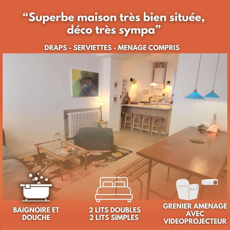 two pictures of a living room with a table at Le grenier à sel, maison de pécheur pour 6 avec salle TV in Fécamp