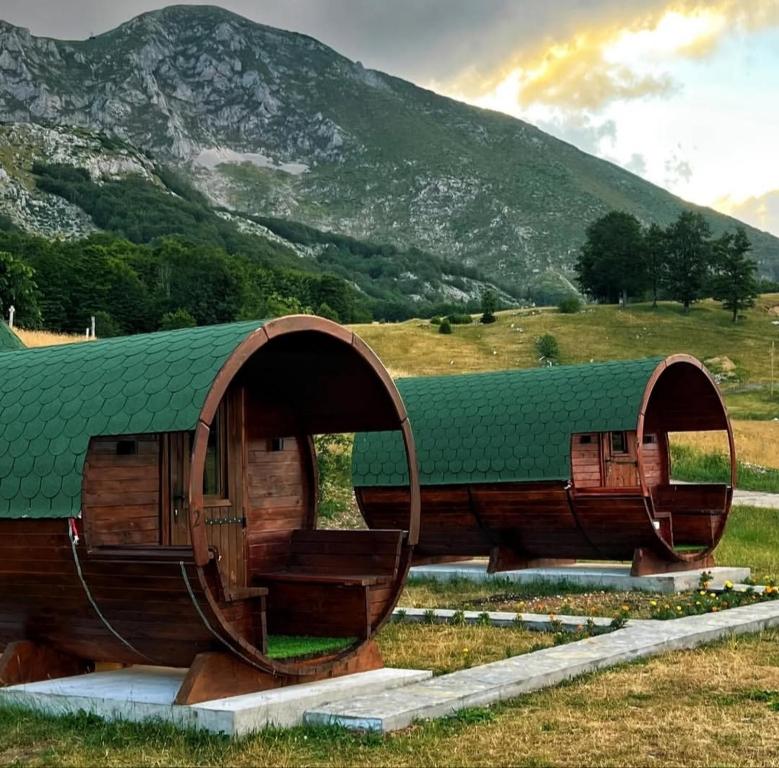 a wooden building with a green roof in a field at Durmitor Barrels in Žabljak