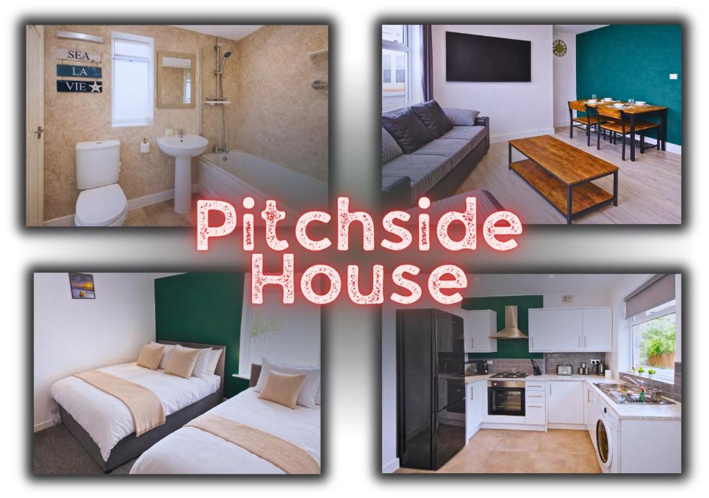 a collage of four pictures of a apartment at Pitchside House Walk to Anfield sleeps 7 in Liverpool