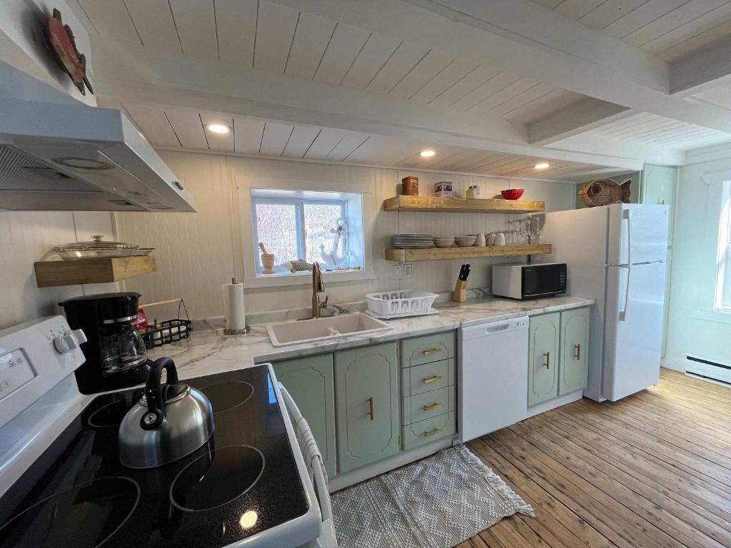 a kitchen with green cabinets and a white refrigerator at Wild Cove Retreat in Twillingate