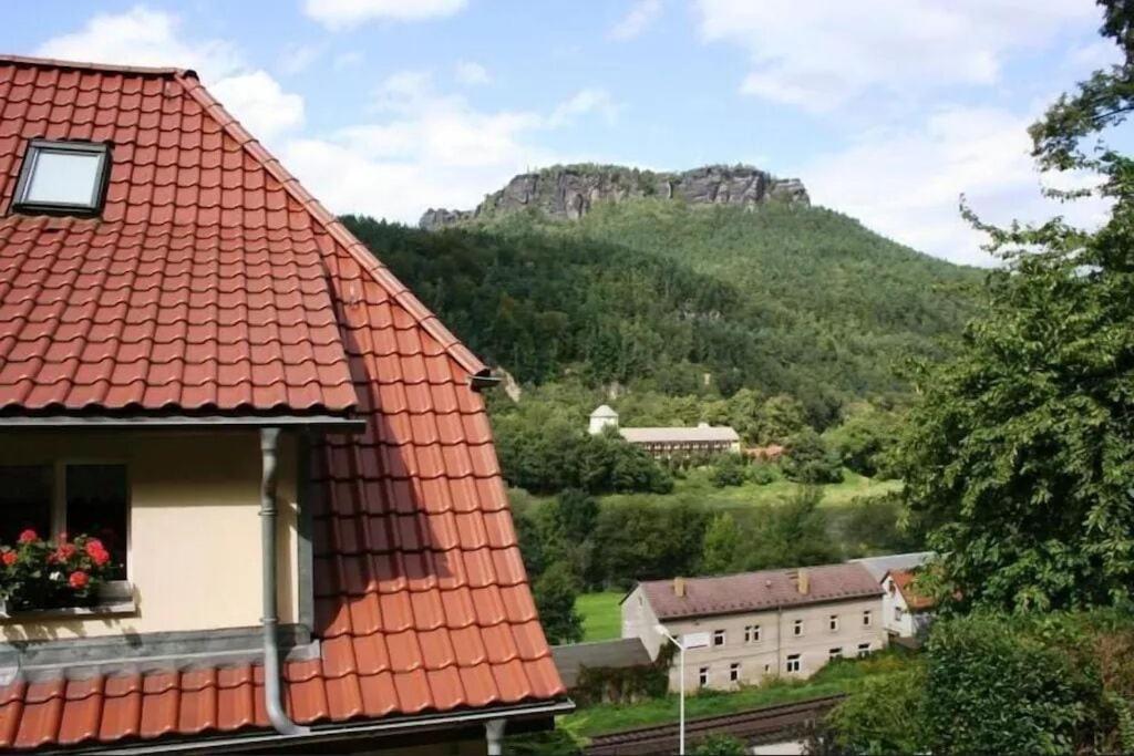 a house with a red roof with a mountain in the background at Ferienwohnung Menz Liliensteinblick in Pfaffendorf