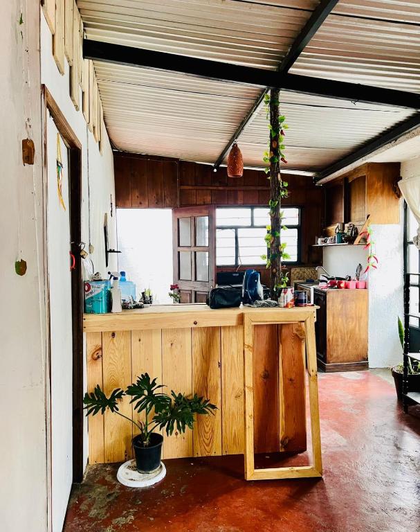 a kitchen with a wooden counter in a room at Casa 74 hostel in Comitán
