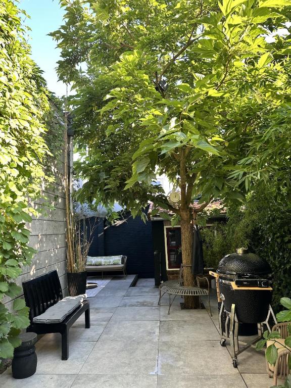 a patio with a tree and chairs and a bench at Boutique Home in Maassluis