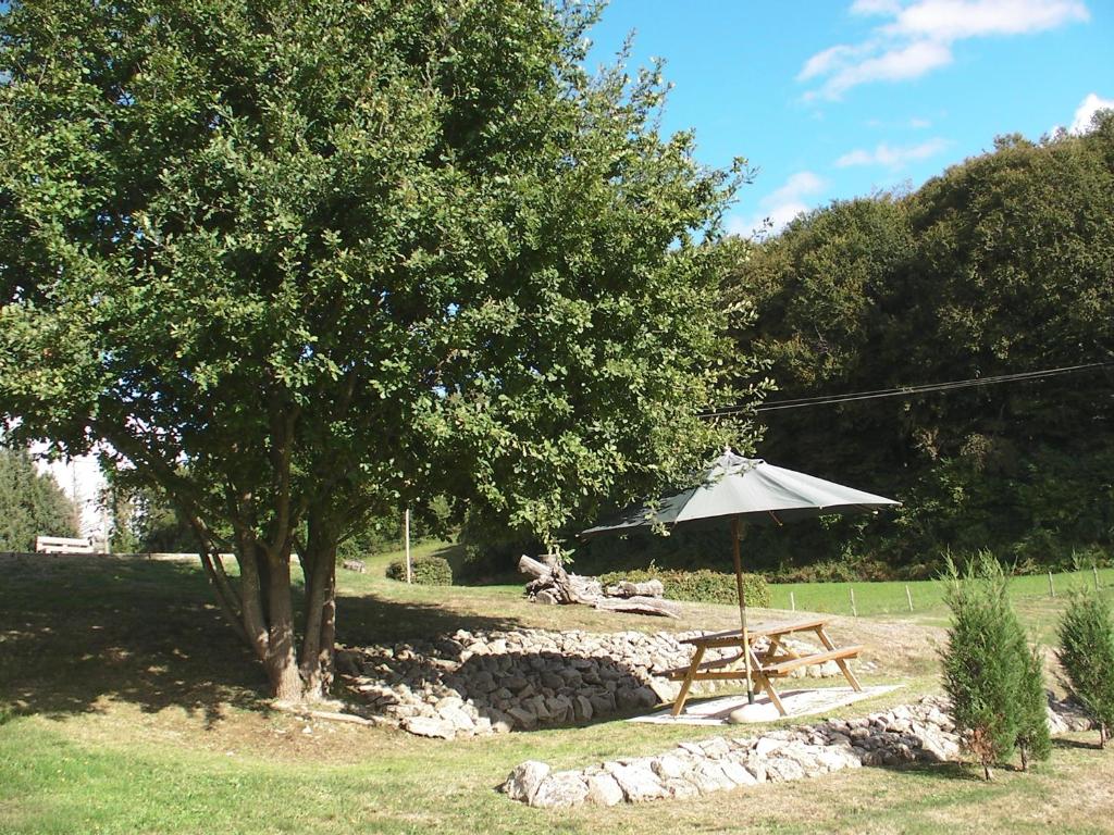 a picnic table with an umbrella next to a tree at Maison Chabrat in Liginiac