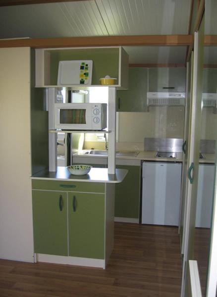 cocina con armarios verdes y microondas en Camping Sella, en Arriondas