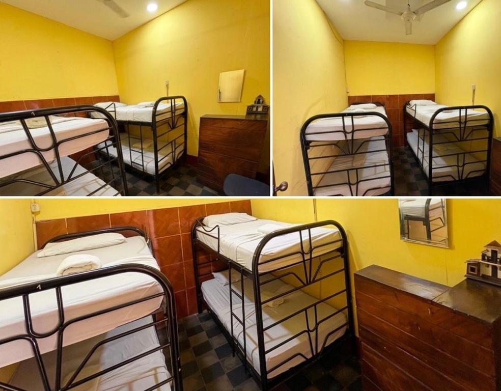 three different pictures of a room with bunk beds at Hostal los Cheles in León