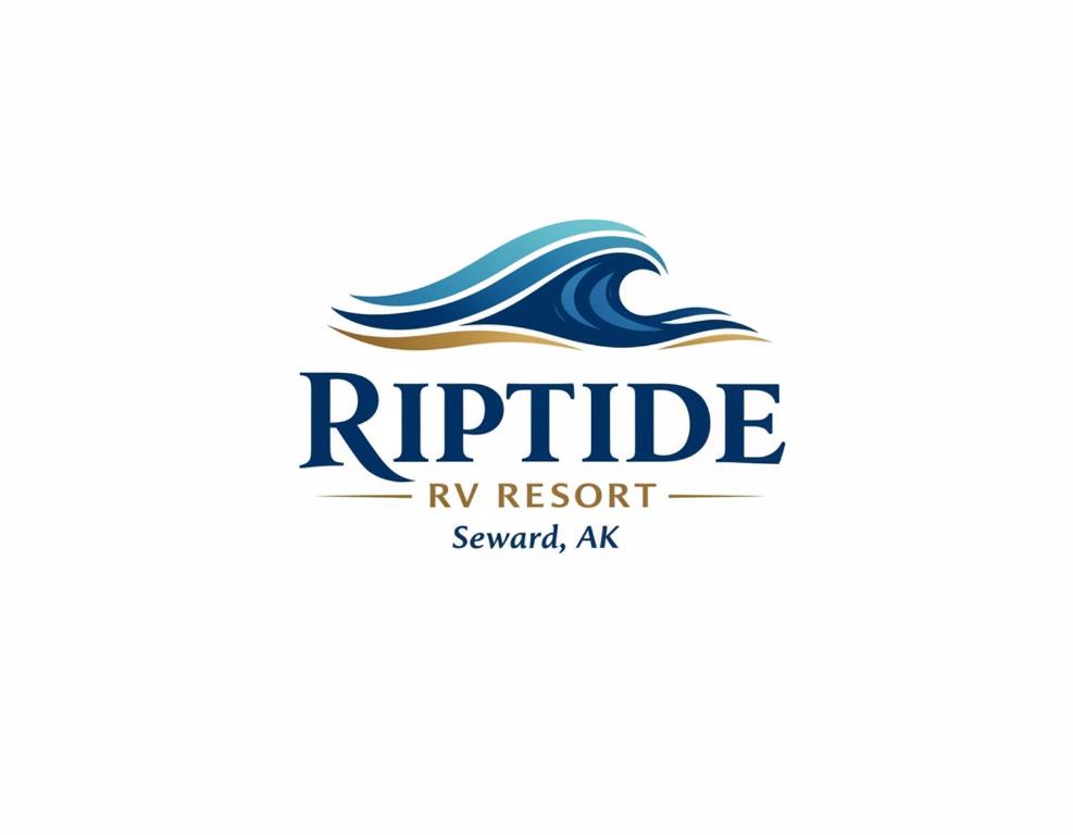 a logo for a rv resort with a wave at The Cabins at Riptide Resort in Seward