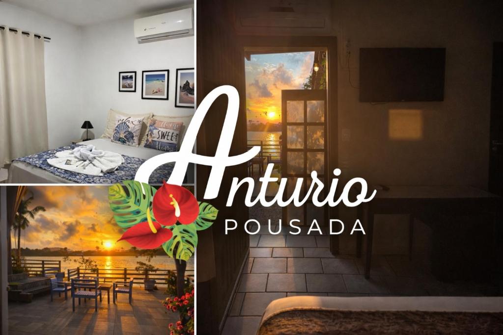 a collage of a room with a bed and a dining room at Pousada Anturio in Barra Velha