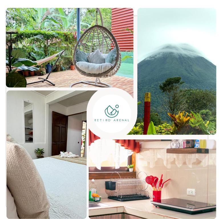 a collage of photos with a room and a mountain at Retiro Arenal in Fortuna